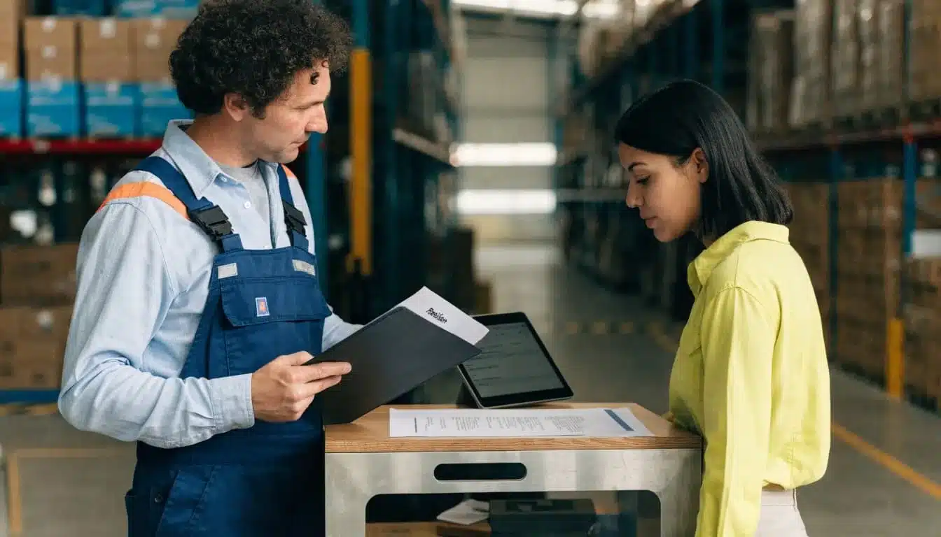 Two workers review a paper sheet and tablet in a warehouse.
