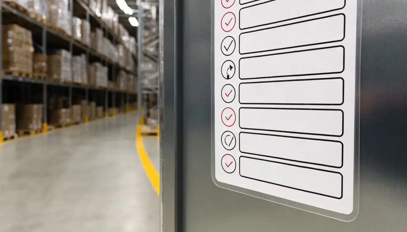 A laminated procedure sheet with icons hangs beside warehouse racks and a marked walkway.