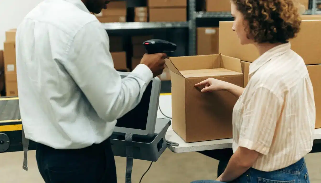 A supervisor coaches an operator scanning a carton at a warehouse packing bench.