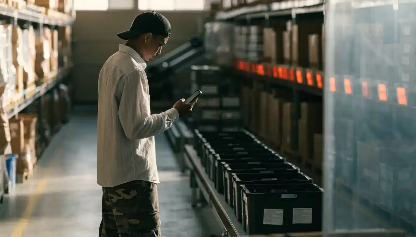 A warehouse supervisor checks a handheld device beside active packing lanes.
