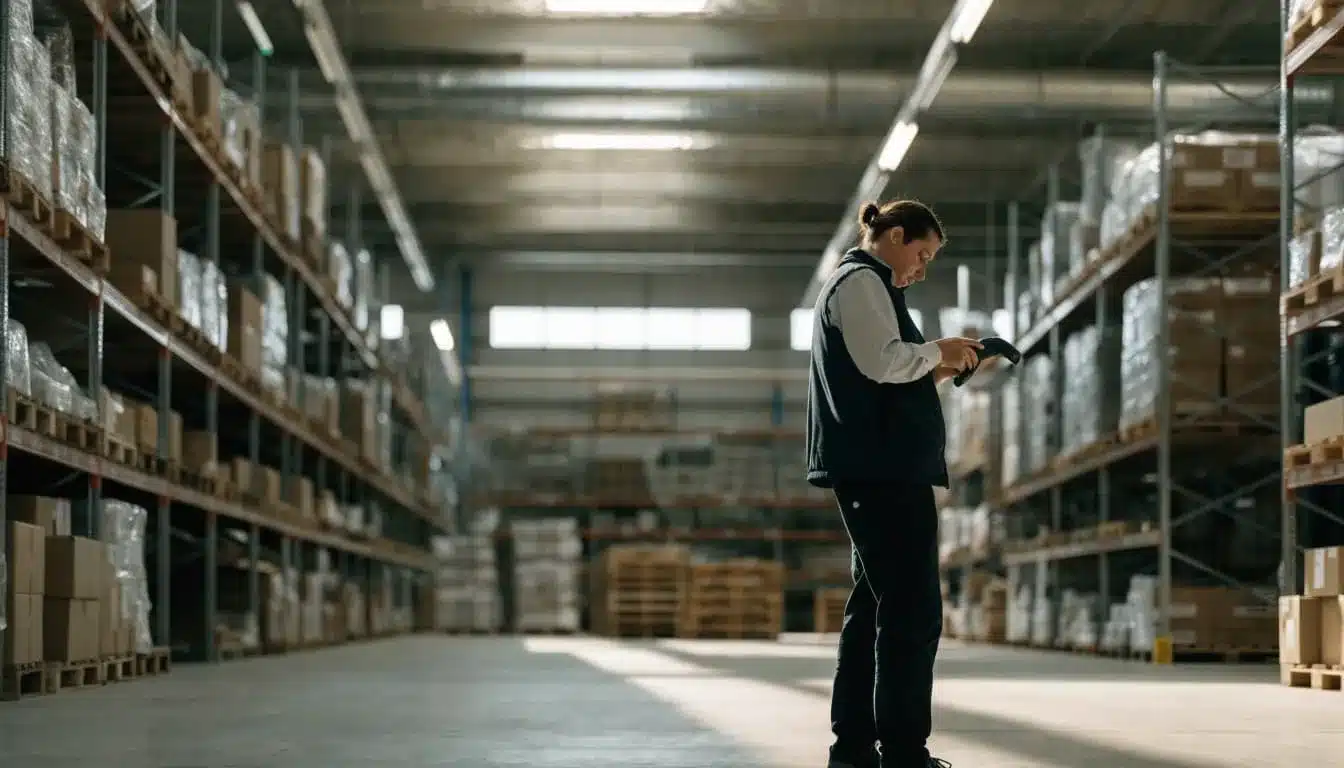 A supervisor checks a handheld scanner in a warehouse aisle.